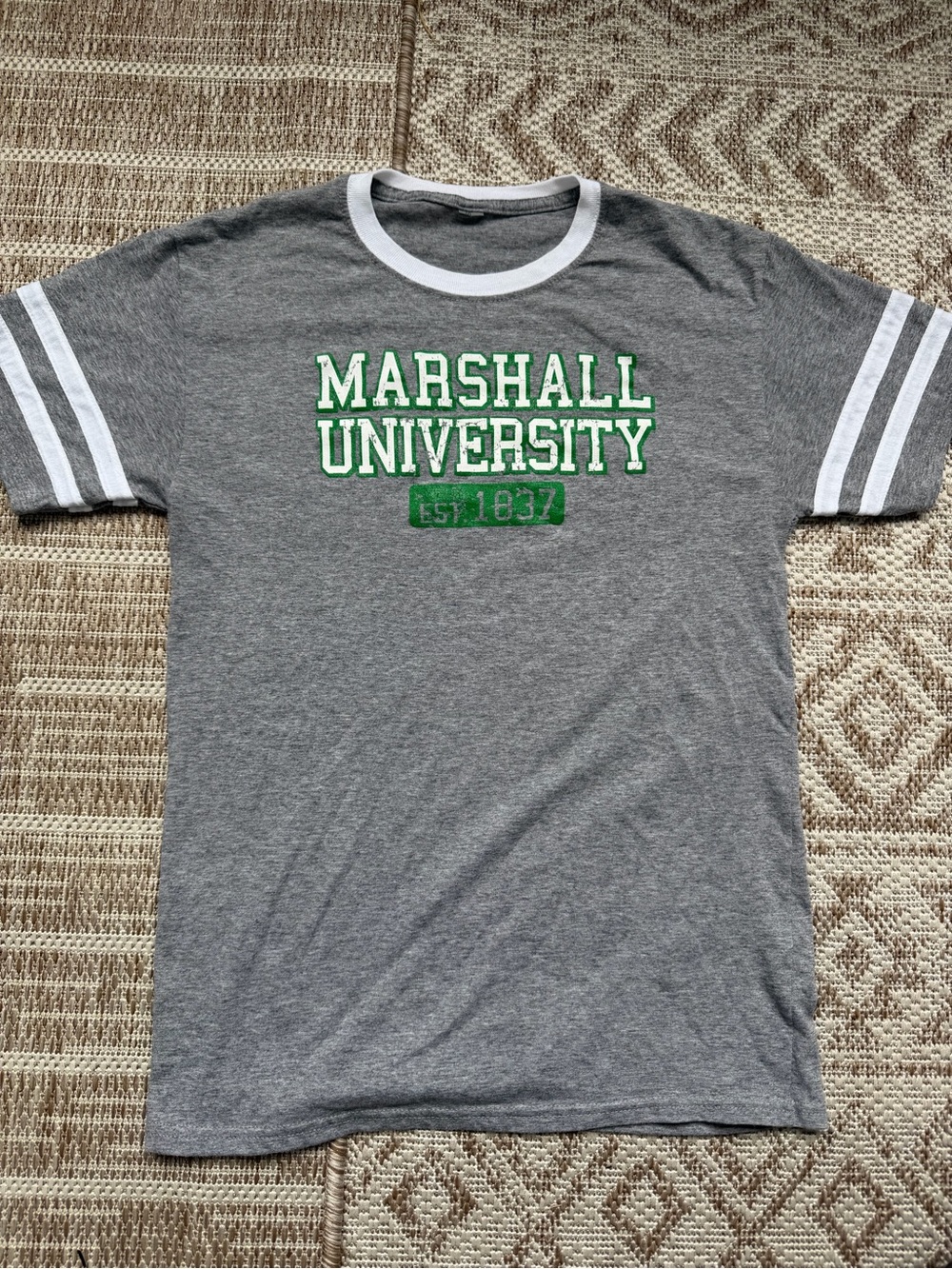 Marshall University Women’s Small Grey Ringer T-Shirt with Green Logo